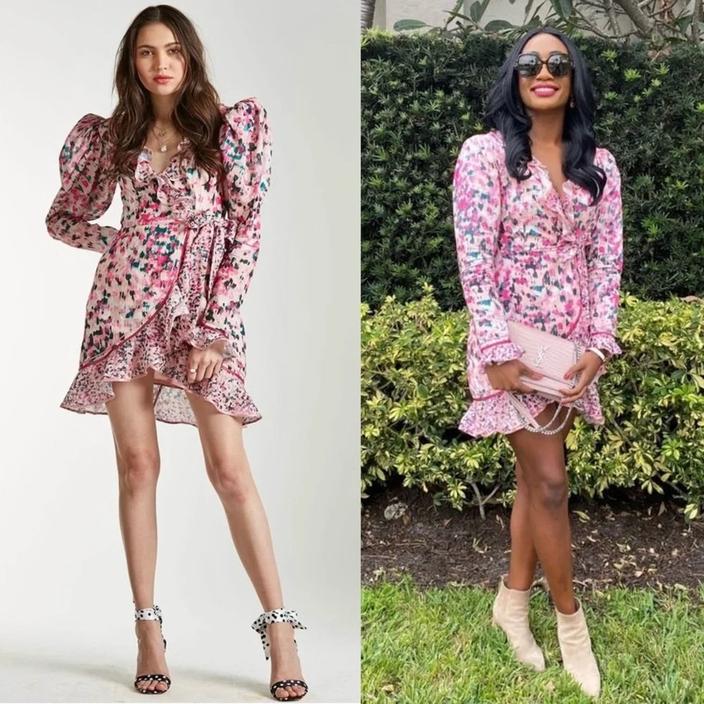ROCOCO SAND Impressionist Floral Print Puff Long Sleeve Ruffle Wrap Mini Dress M